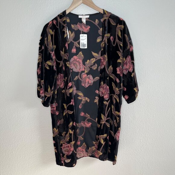 FOREVER 21 Black Velvet Burnout Floral Rose Romantic Kimono Cardigan Size S NWT - Picture 2 of 8
